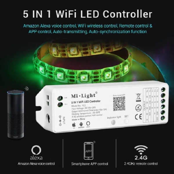 Mi-Light YL5 RF 2.4G 5in1 WIFI WLAN Led Controller APP Alexa Sprach Steuerung Voice Single Farben RGBW RGB+CCT